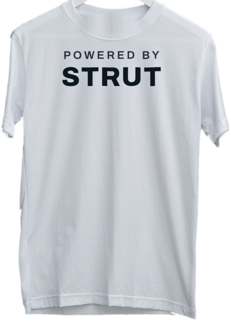 The back of the same t-shirt, printed with Powered by Strut below the collar