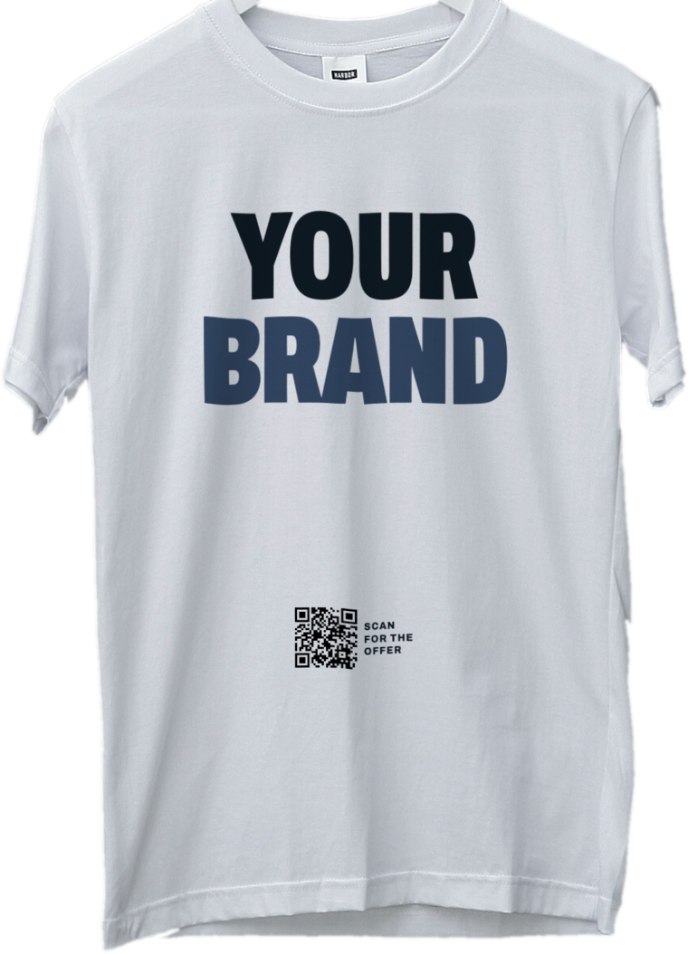 The front of a white t-shirt, printed with a campaign design and a small scannable QR code